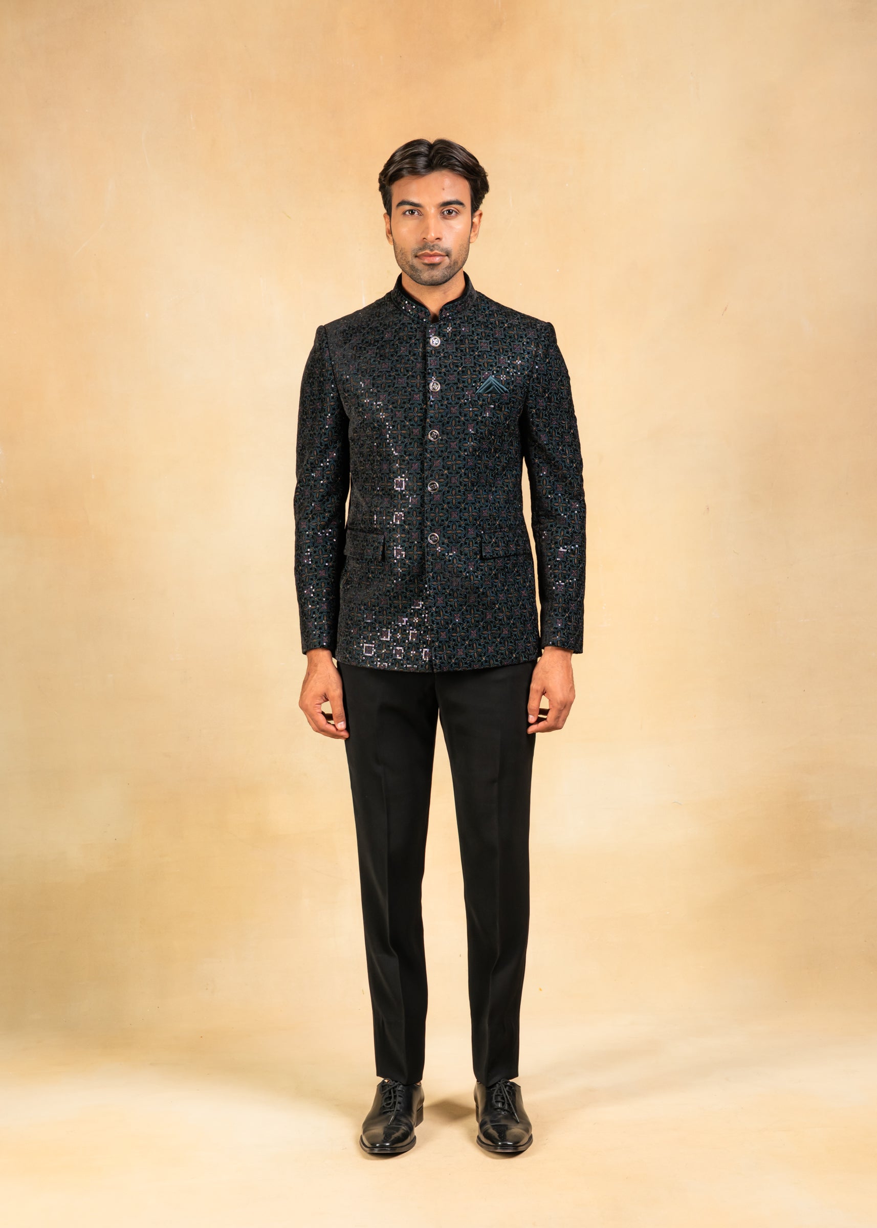 teal embroidered velvet bandhgala