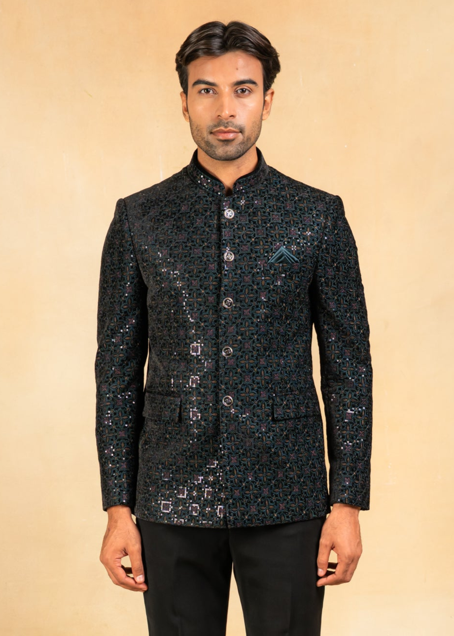 teal embroidered velvet bandhgala