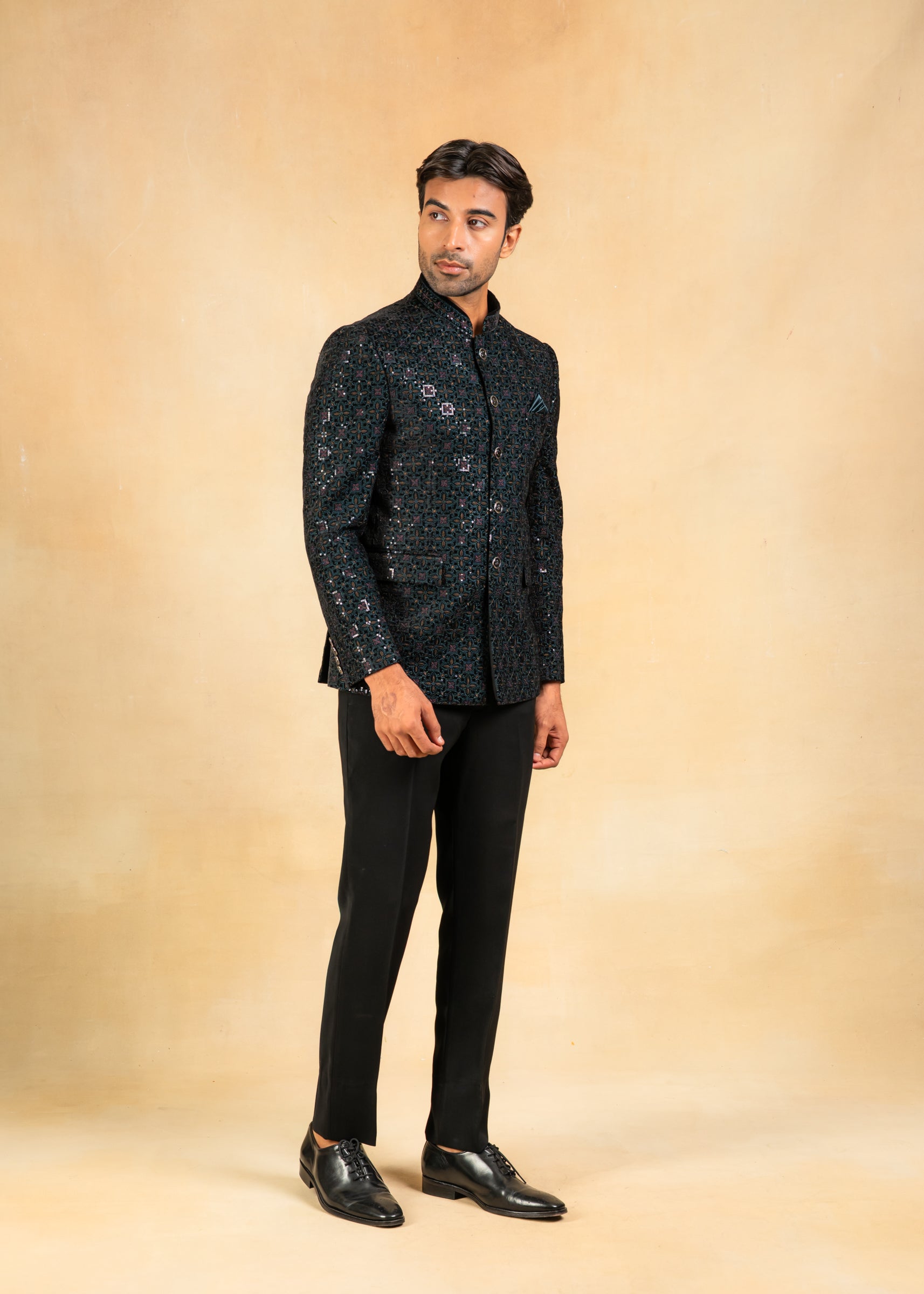 teal embroidered velvet bandhgala