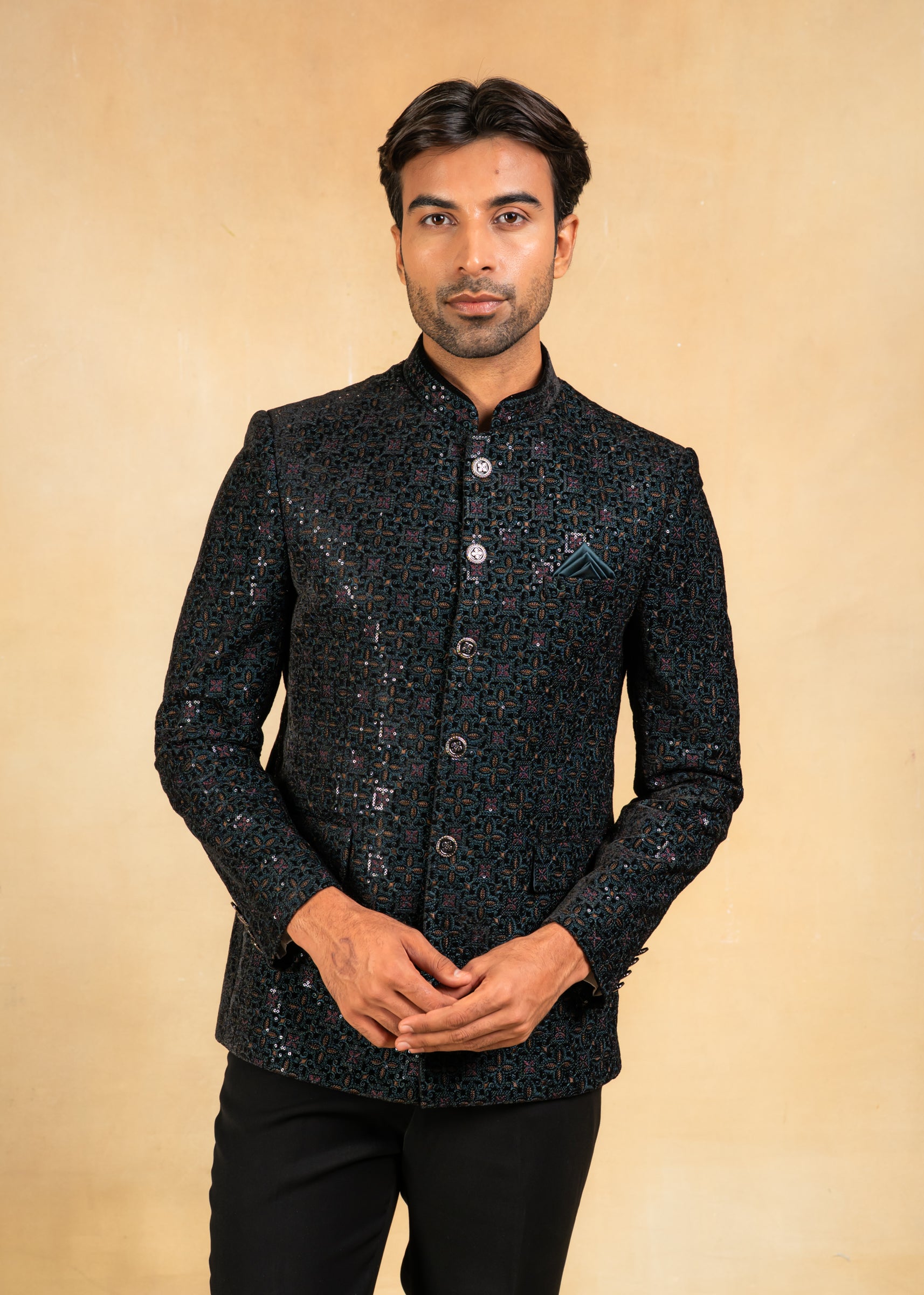 teal embroidered velvet bandhgala