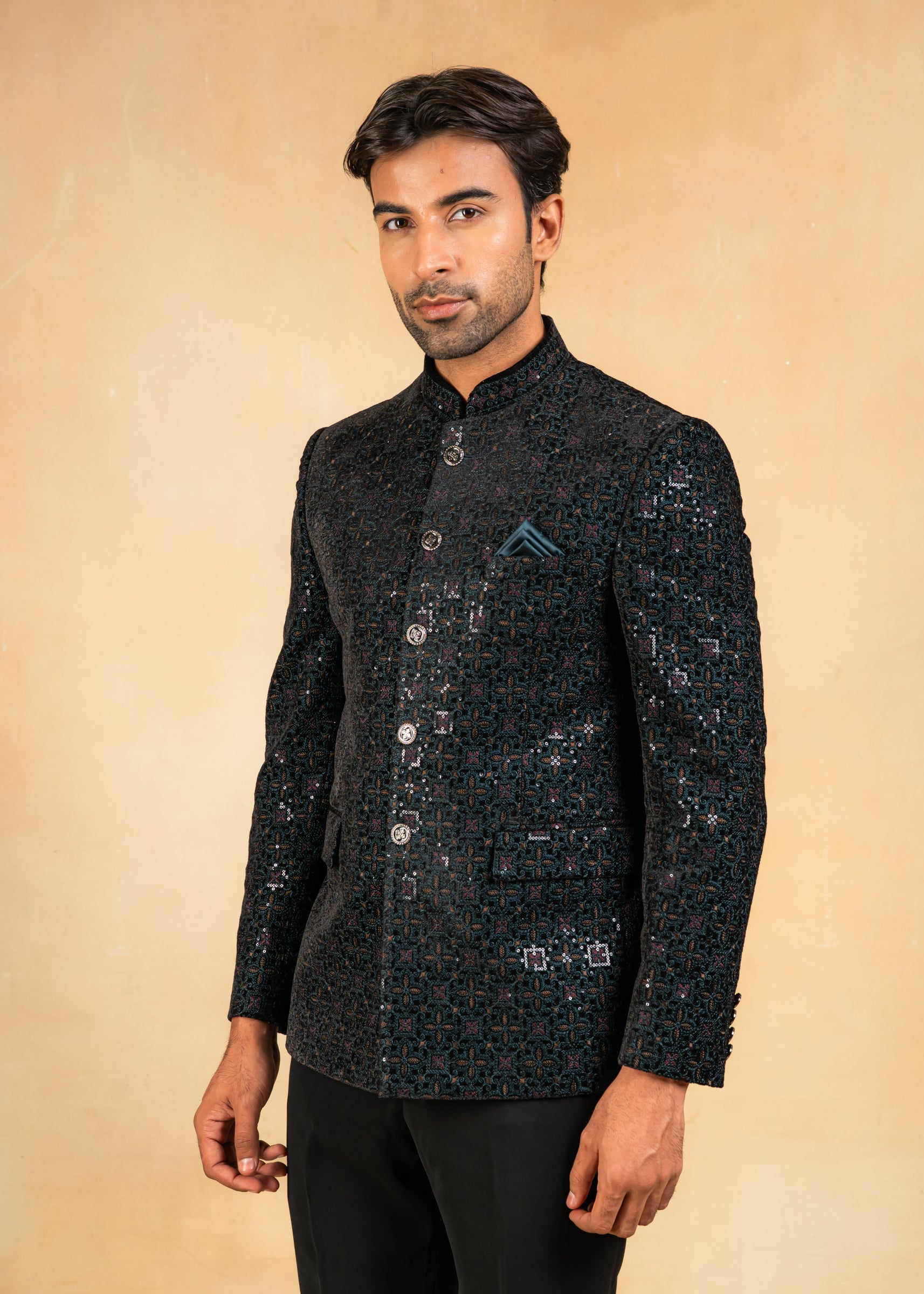 teal embroidered velvet bandhgala