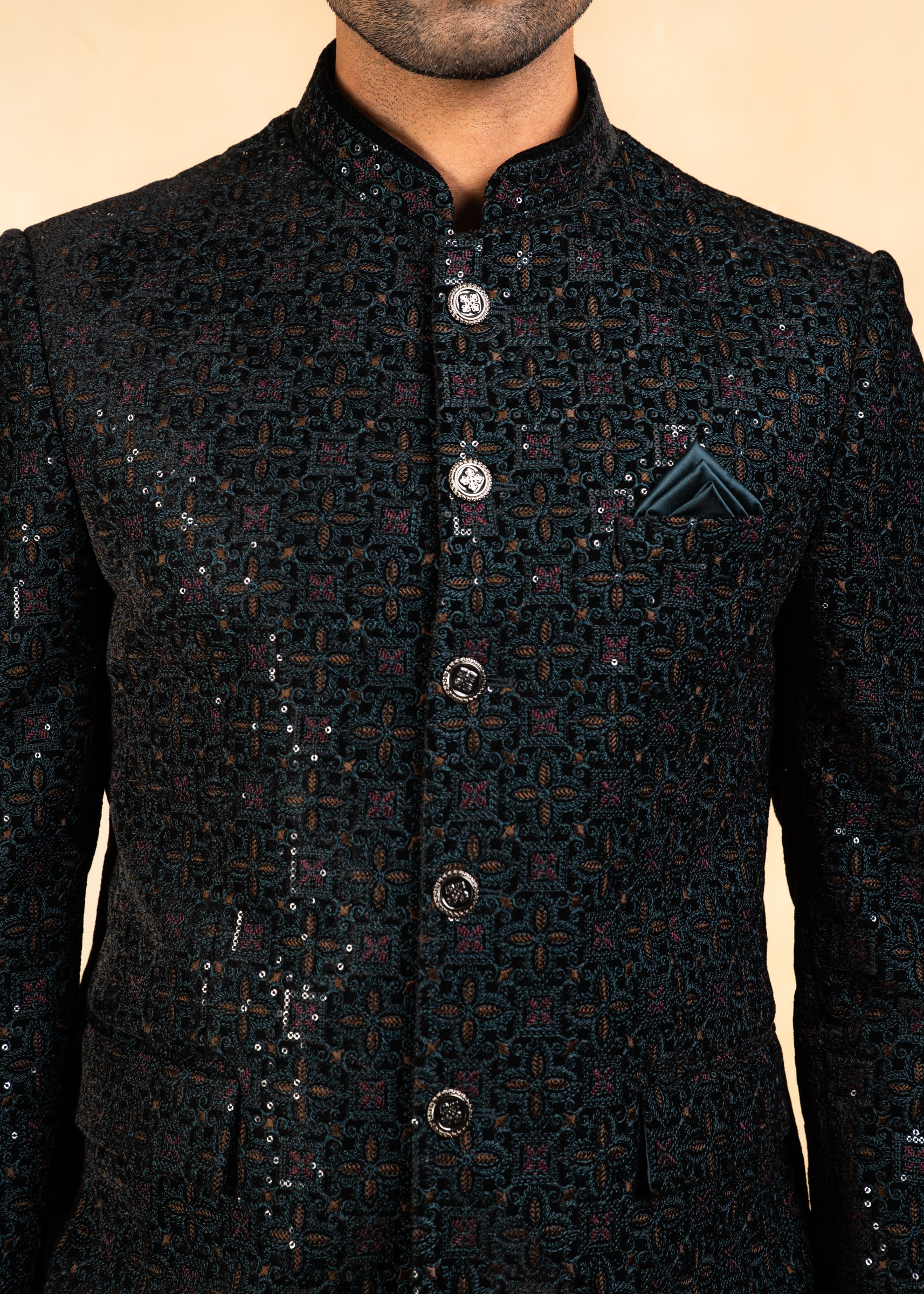 teal embroidered velvet bandhgala