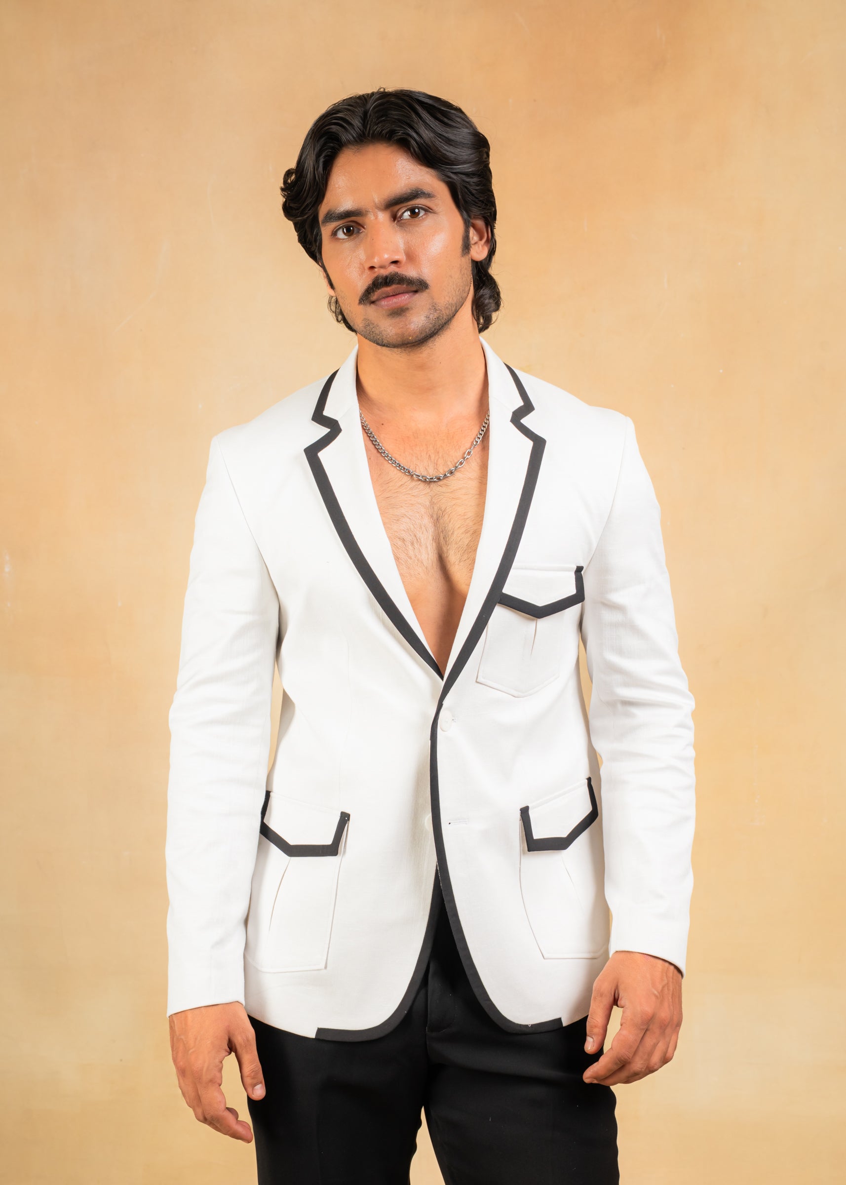 white blazer with black highlights
