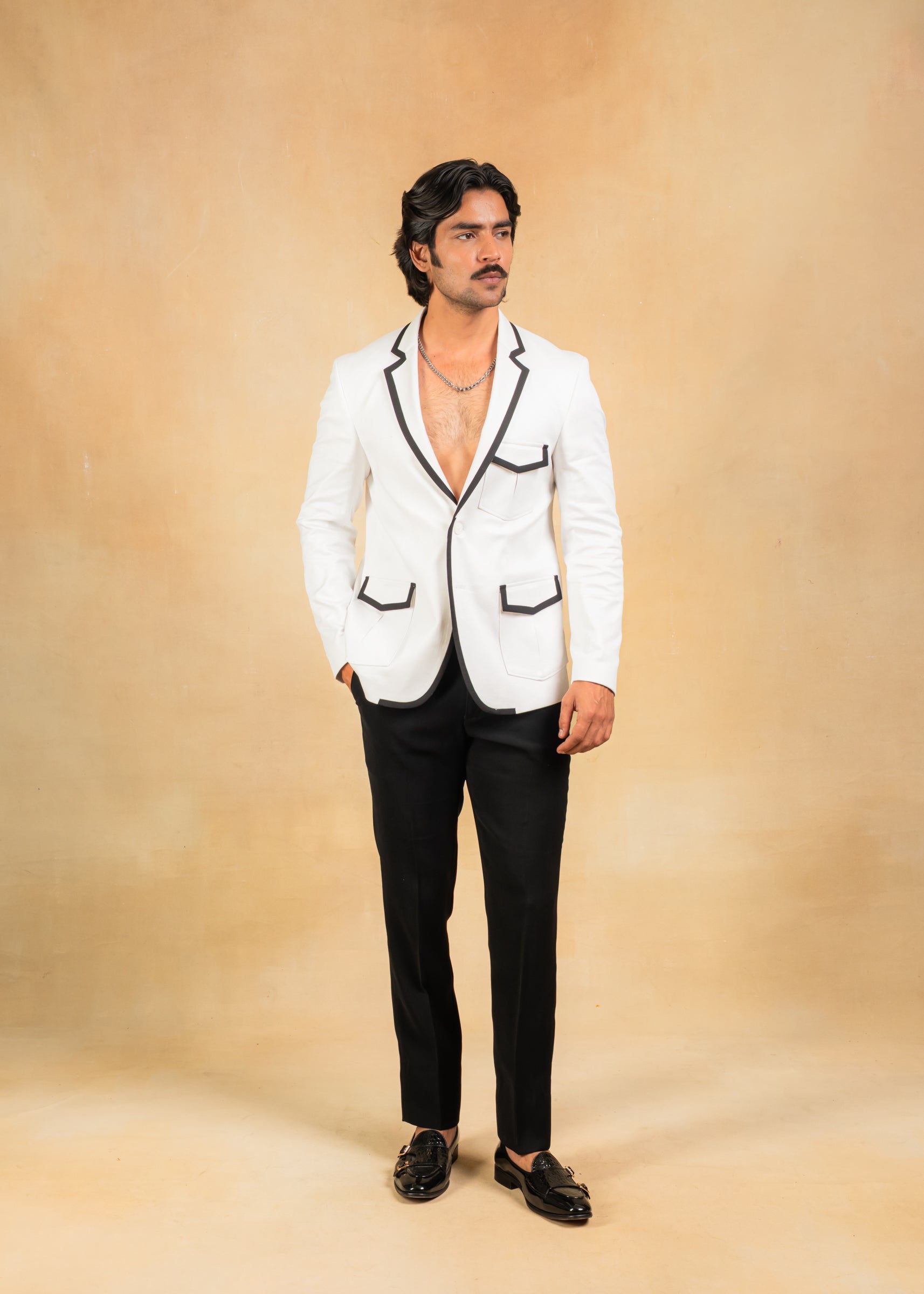 white blazer with black highlights