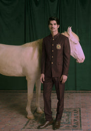 A man wearing a dark brown traditional Indian jodhpuri suit with gold buttons and a crest on the chest.