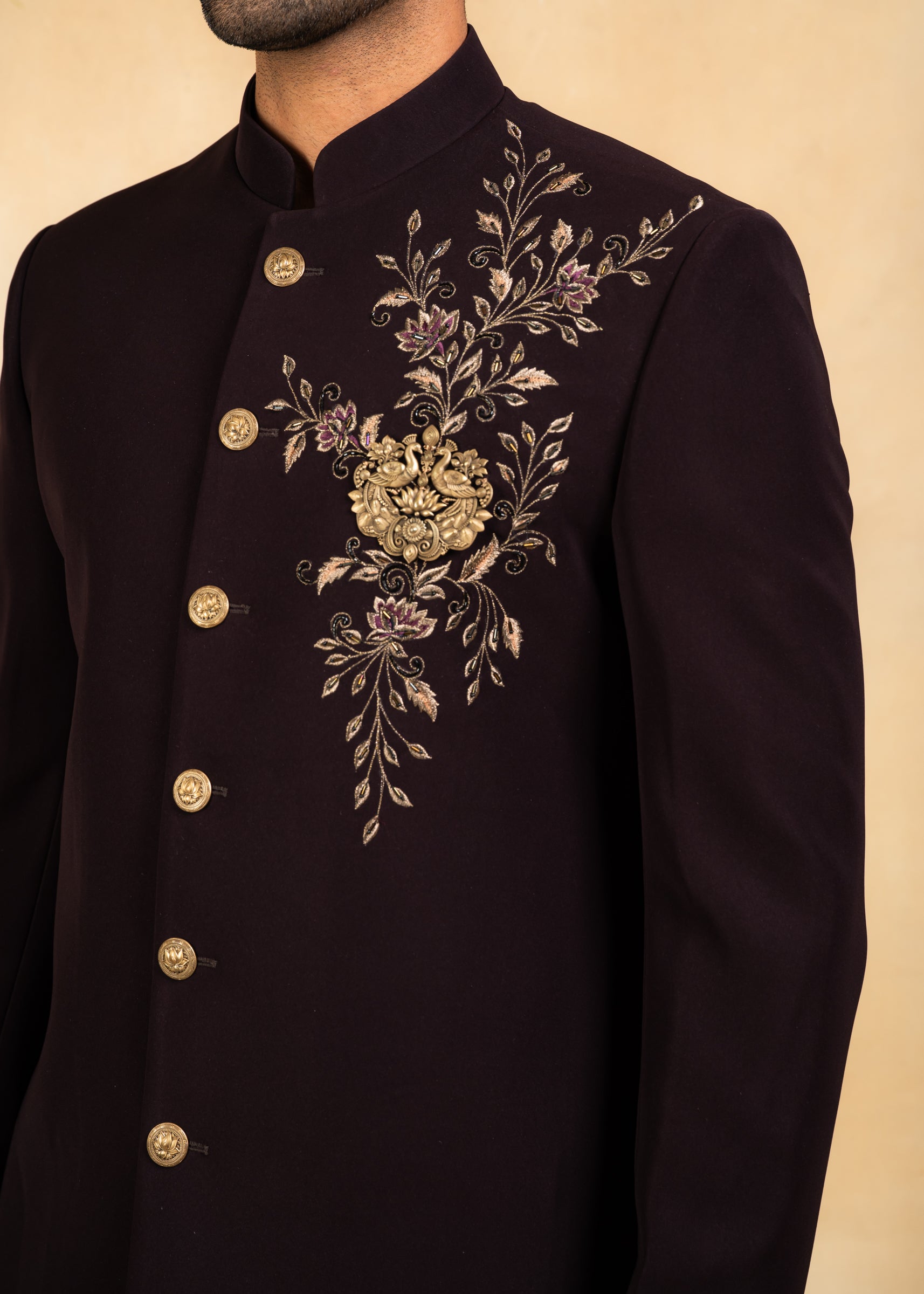 wine embroidered indowestern with hand crafted brooch