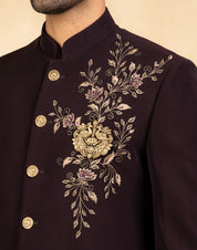 wine embroidered indowestern with hand crafted brooch