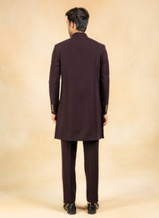 wine embroidered indowestern with hand crafted brooch
