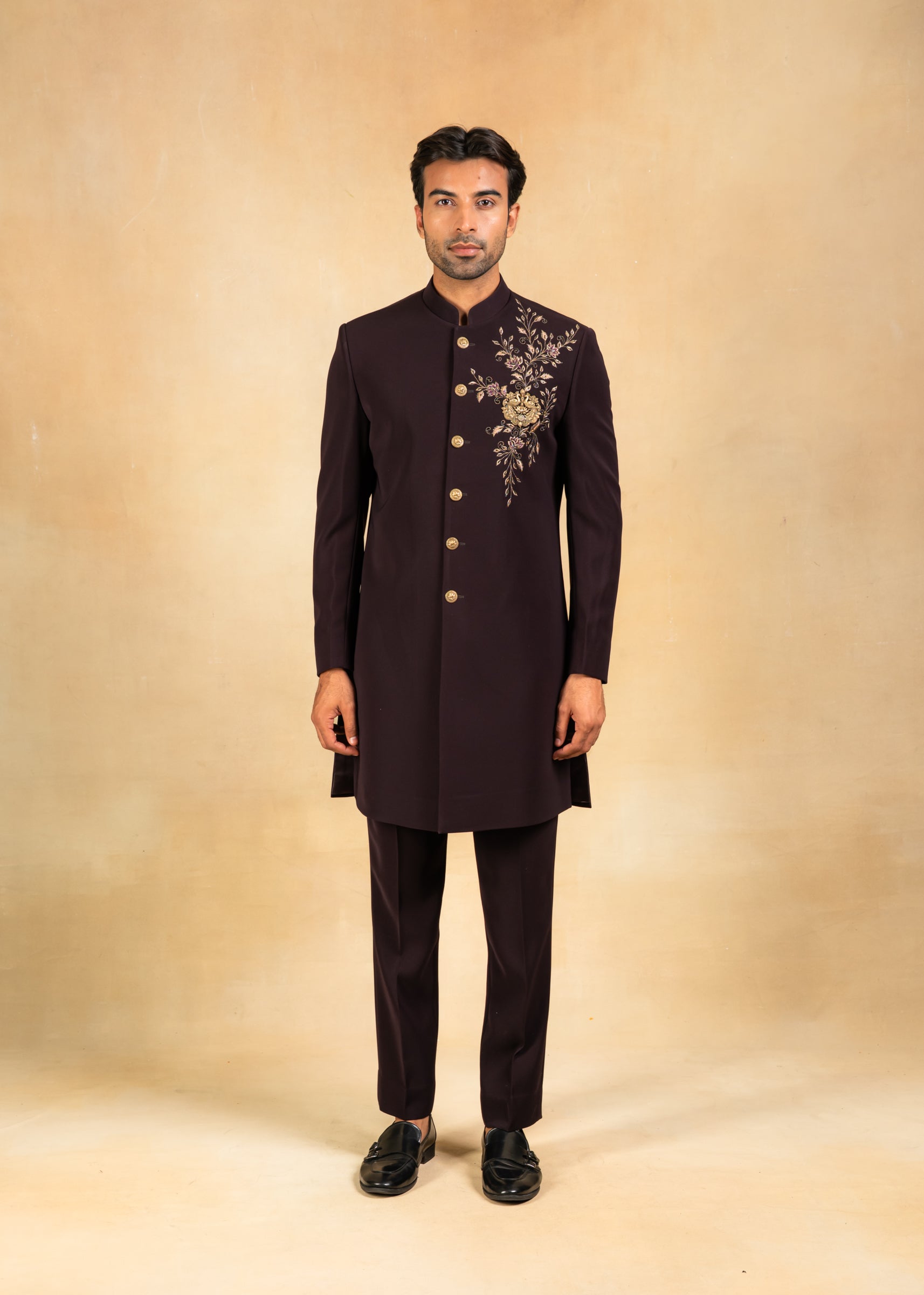 wine embroidered indowestern with hand crafted brooch