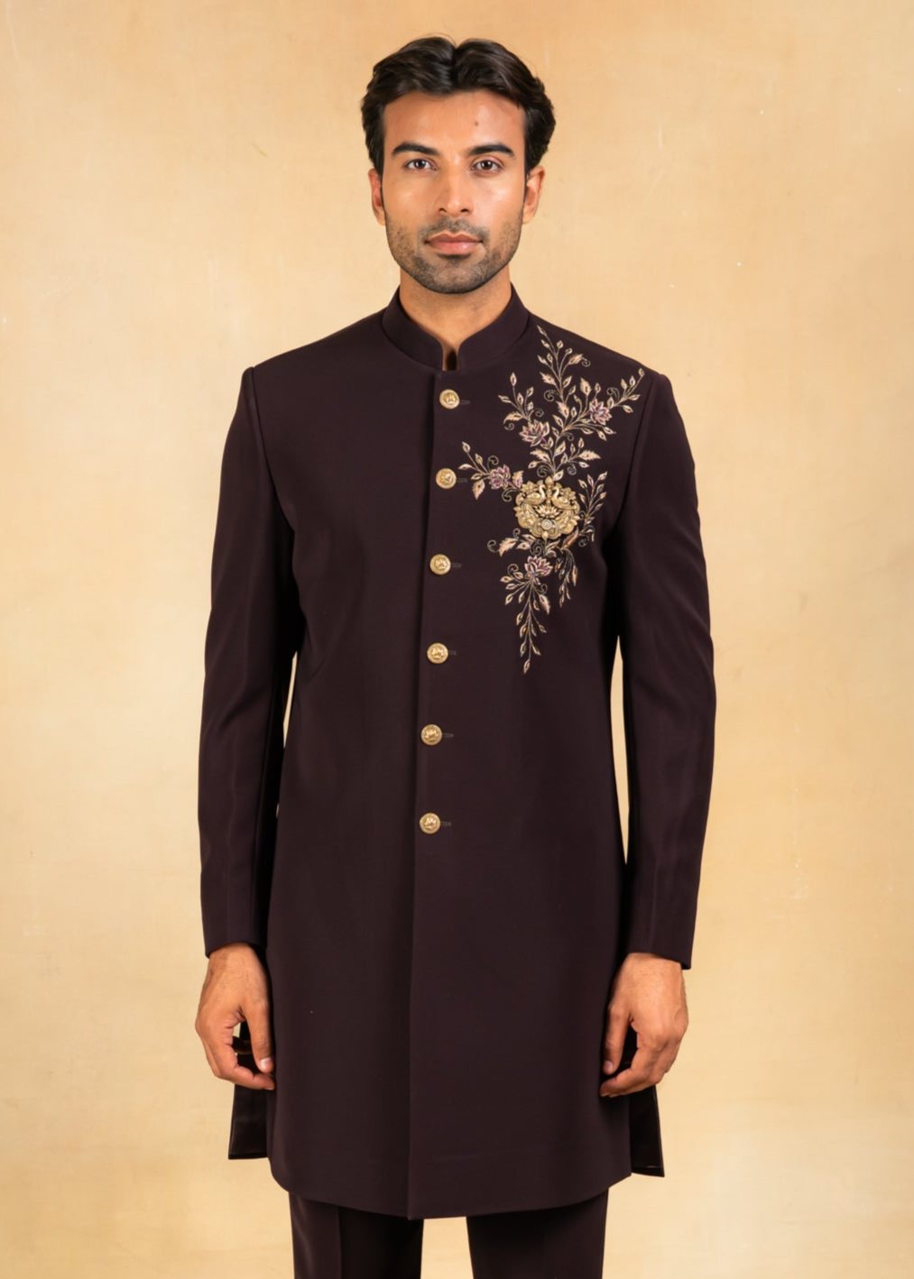 wine embroidered indowestern with hand crafted brooch
