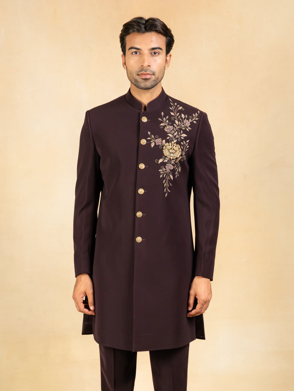 wine embroidered indowestern with hand crafted brooch