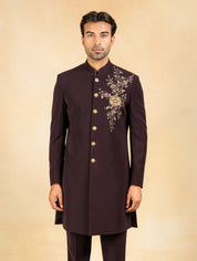 wine embroidered indowestern with hand crafted brooch