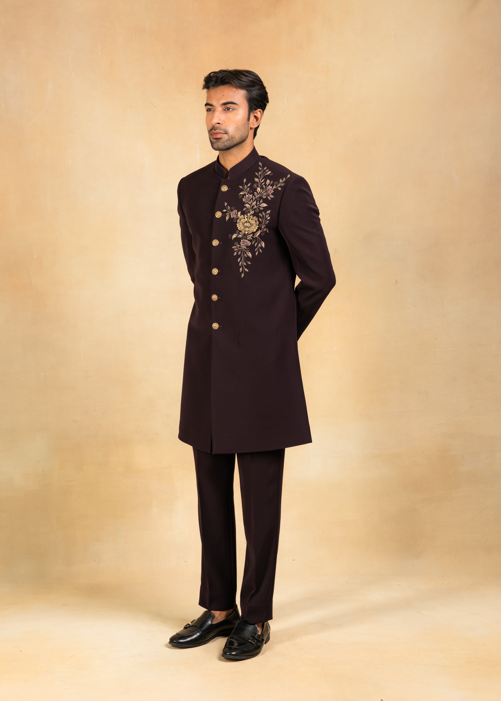 wine embroidered indowestern with hand crafted brooch