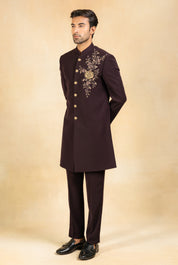 wine embroidered indowestern with hand crafted brooch