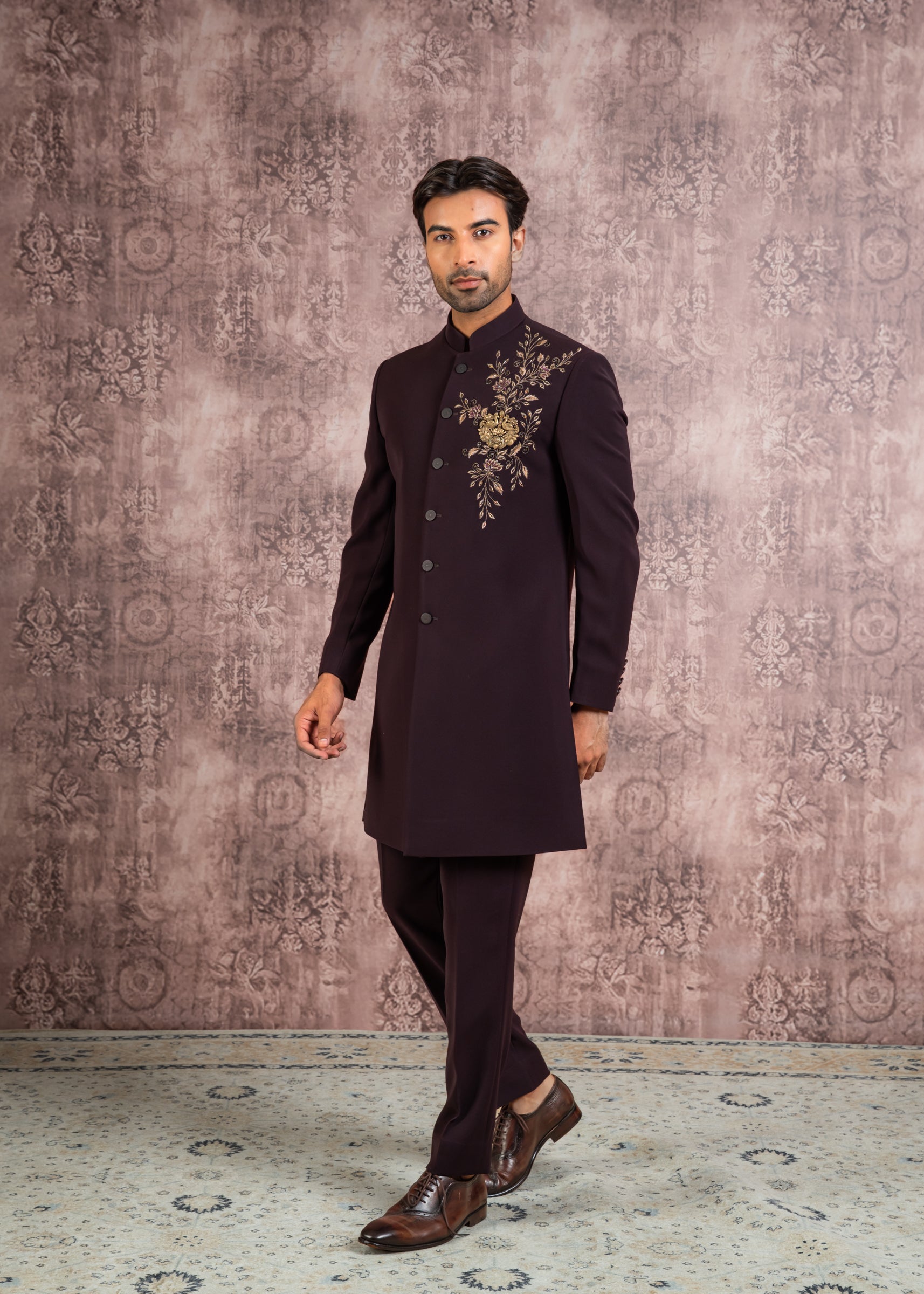 wine embroidered indowestern with hand crafted brooch