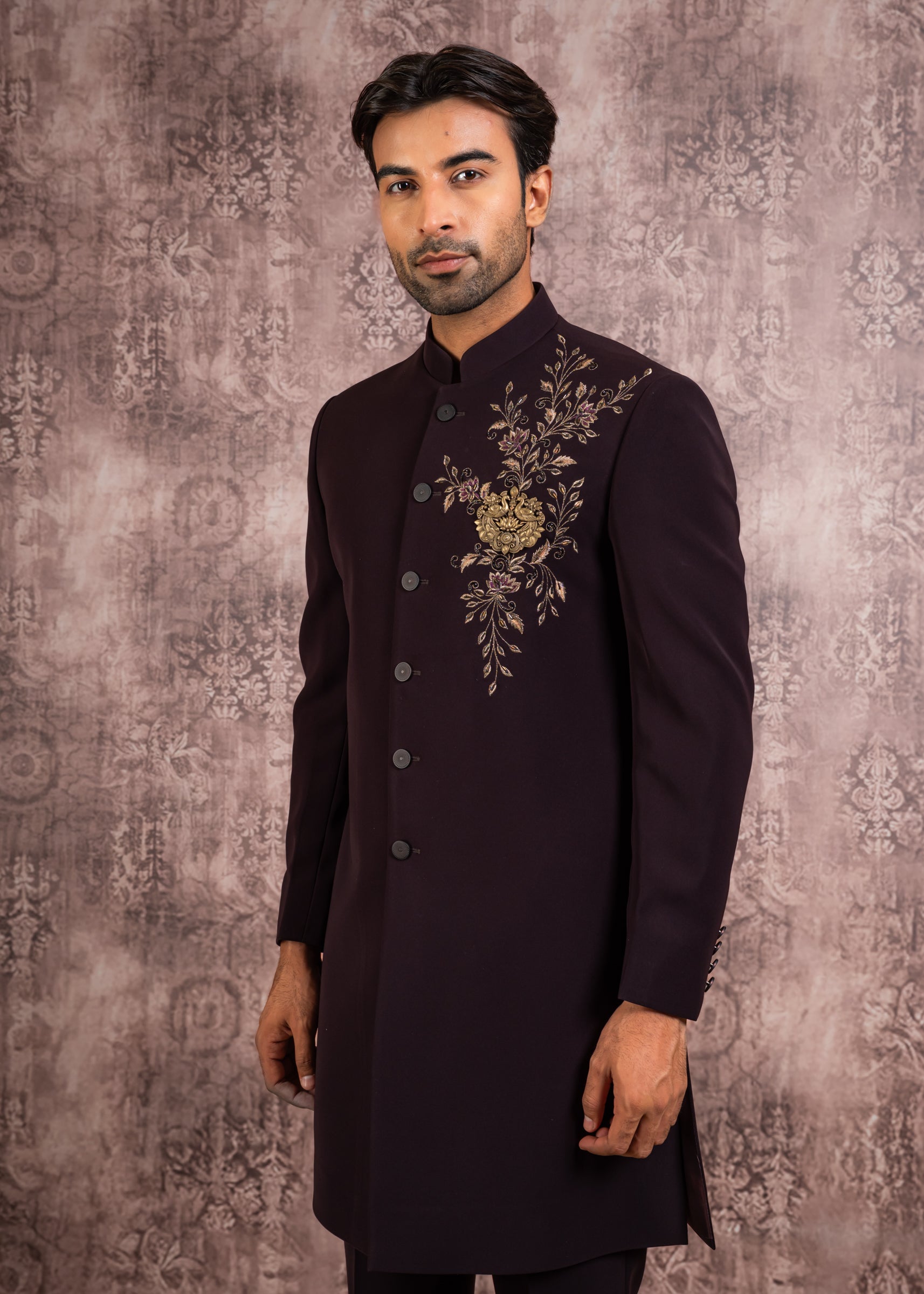wine embroidered indowestern with hand crafted brooch