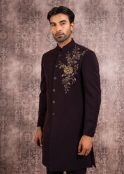 wine embroidered indowestern with hand crafted brooch