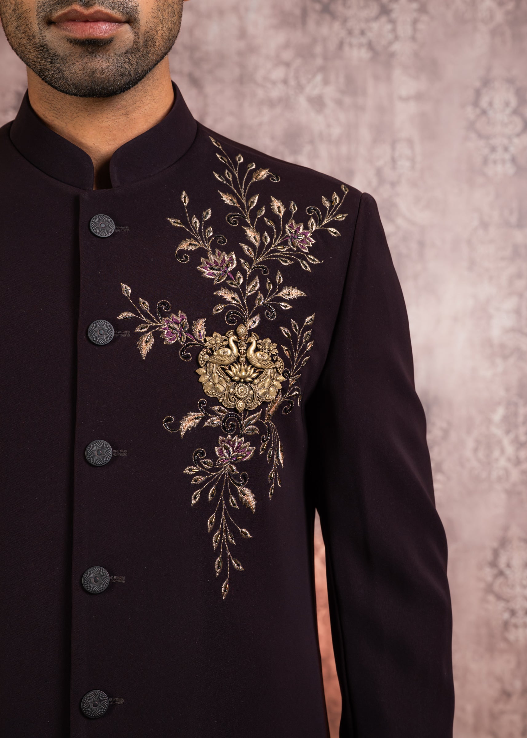 wine embroidered indowestern with hand crafted brooch