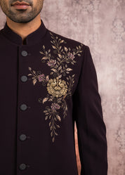 wine embroidered indowestern with hand crafted brooch