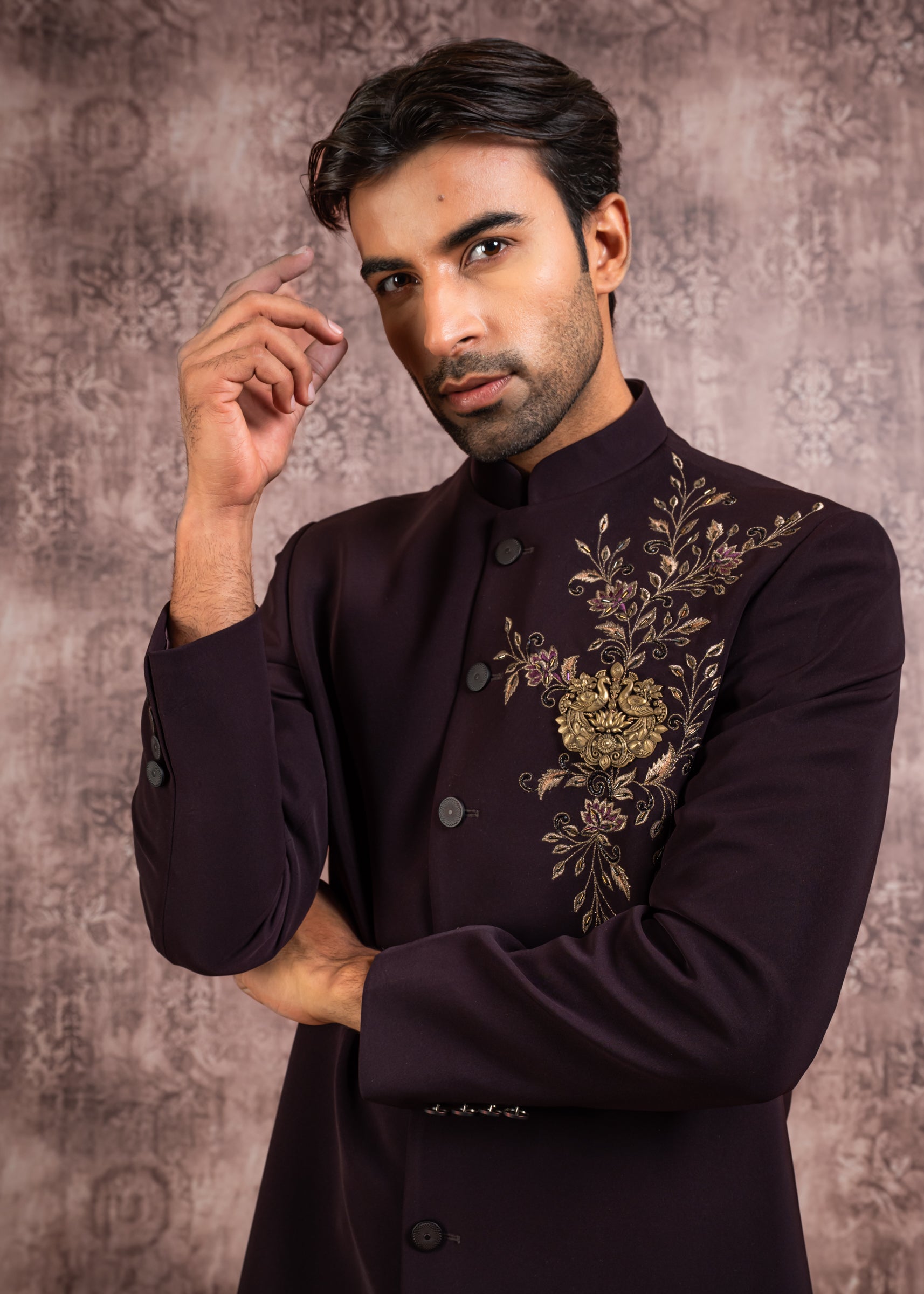 wine embroidered indowestern with hand crafted brooch