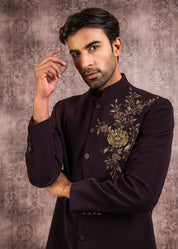 wine embroidered indowestern with hand crafted brooch