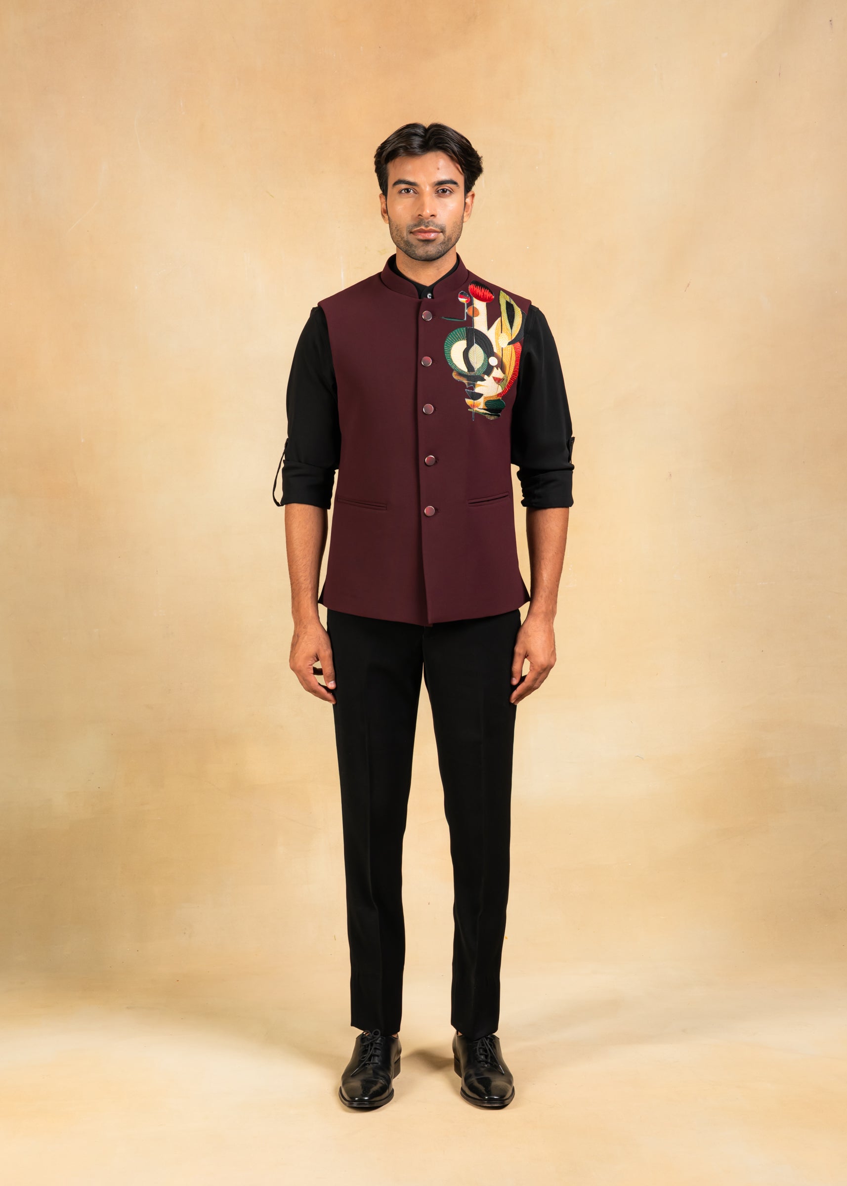 wine nehru jacket with abstract motif