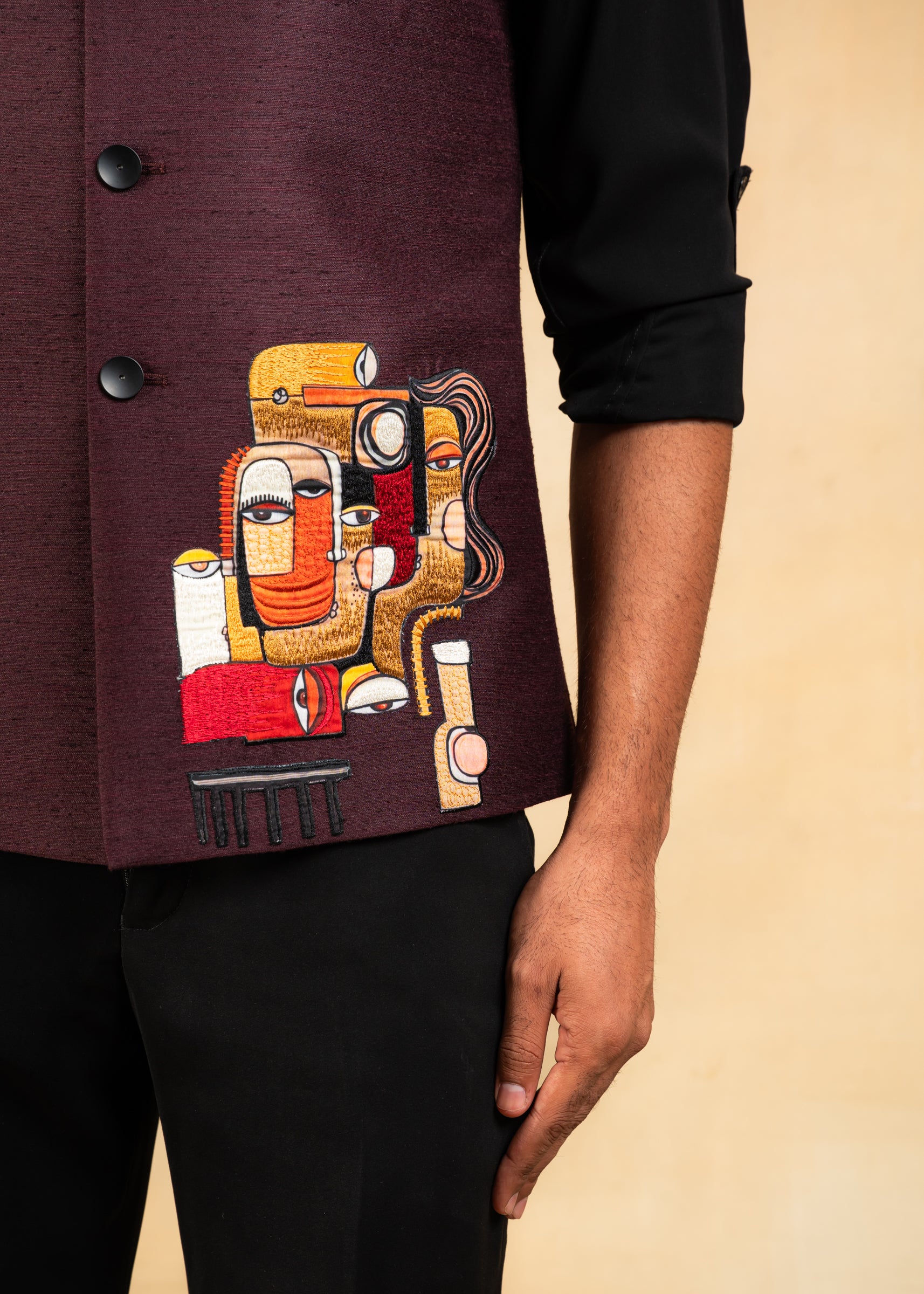 wine nehru jacket with abstract motif