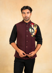 wine nehru jacket with abstract motif