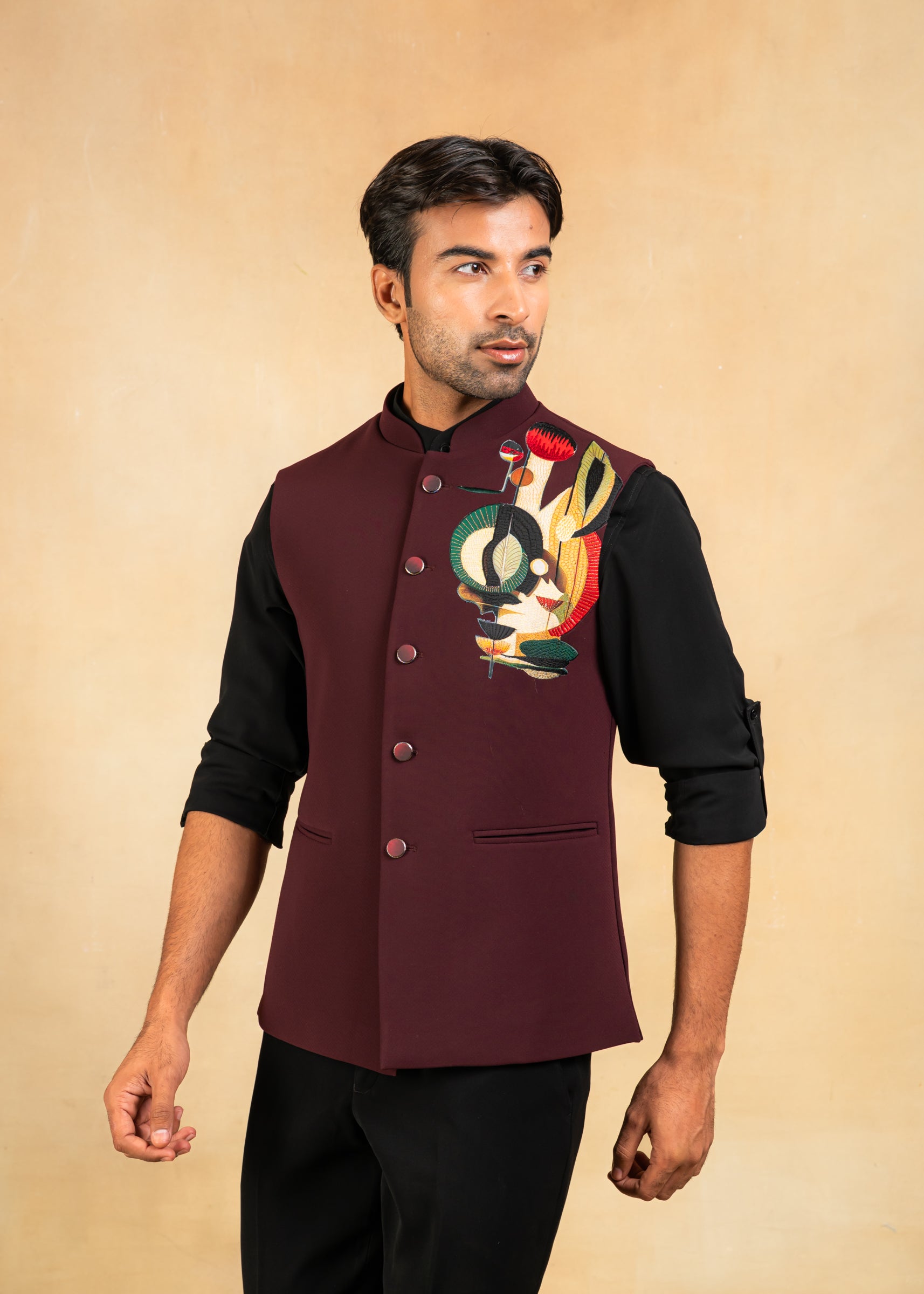 wine nehru jacket with abstract motif