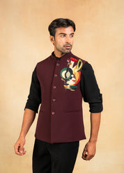 wine nehru jacket with abstract motif