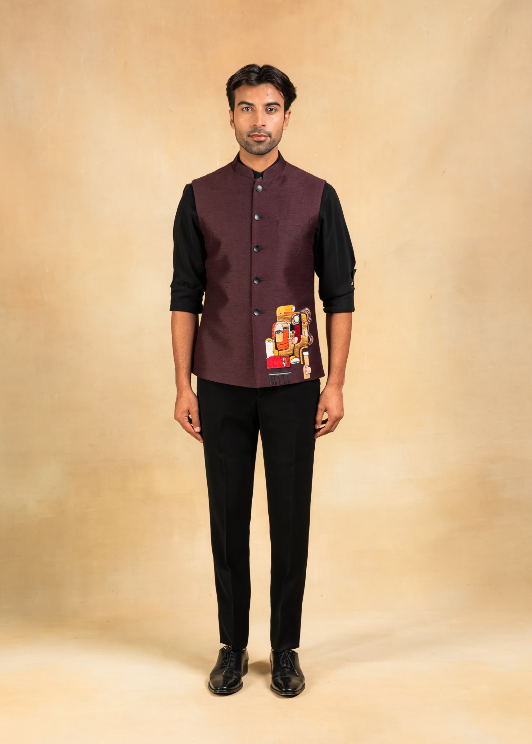 wine nehru jacket with abstract motif