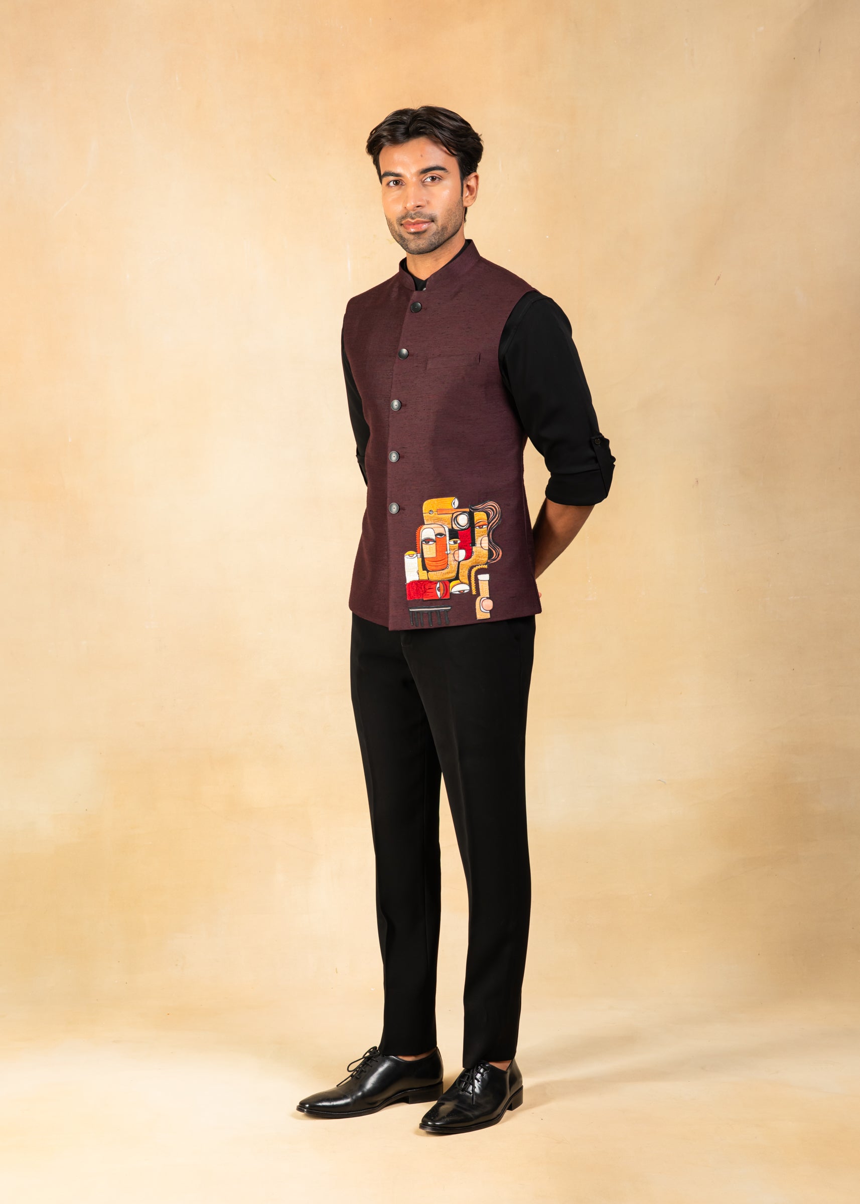 wine nehru jacket with abstract motif