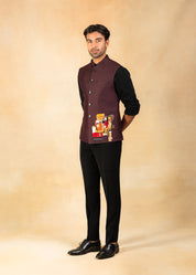 wine nehru jacket with abstract motif