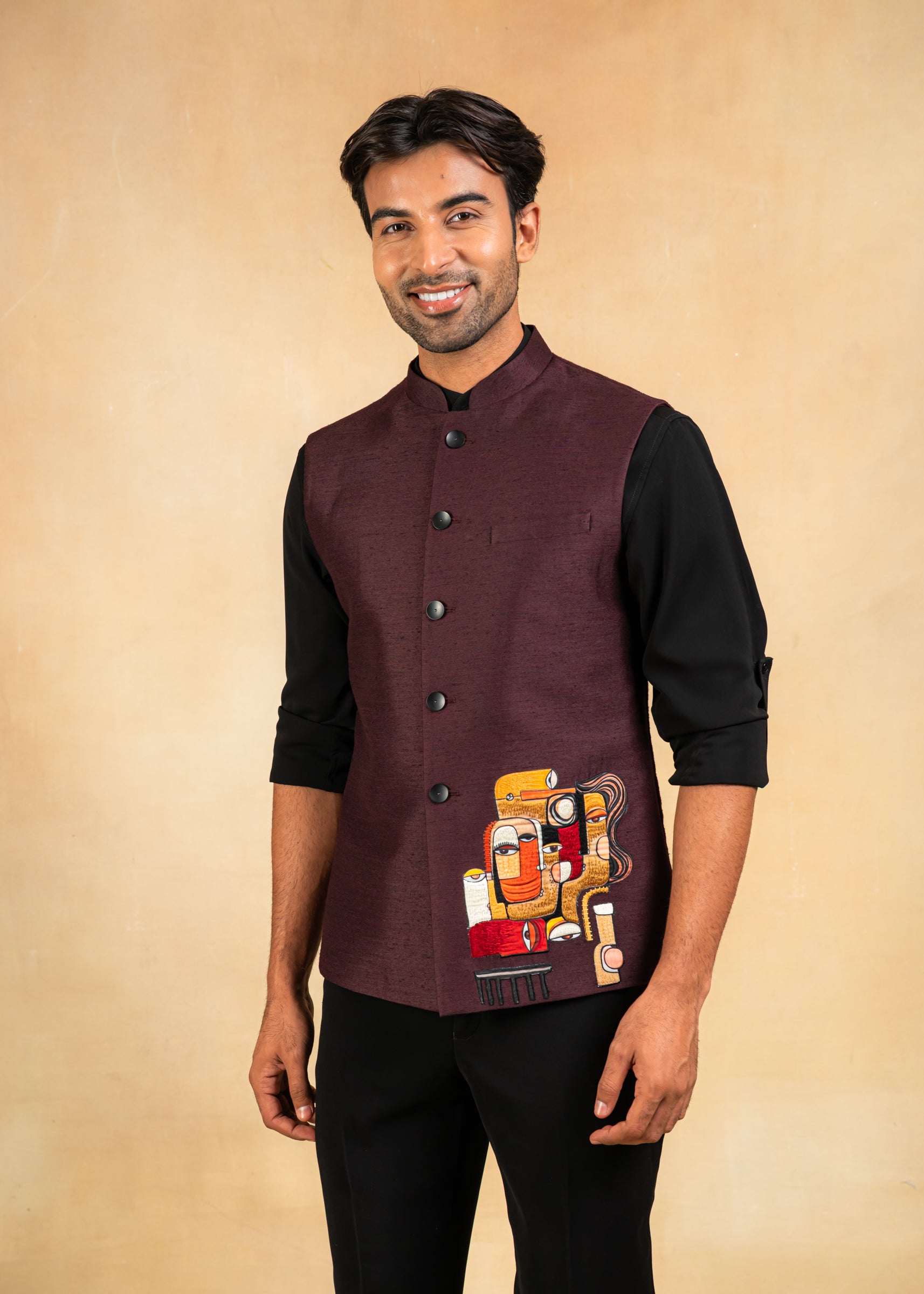 wine nehru jacket with abstract motif