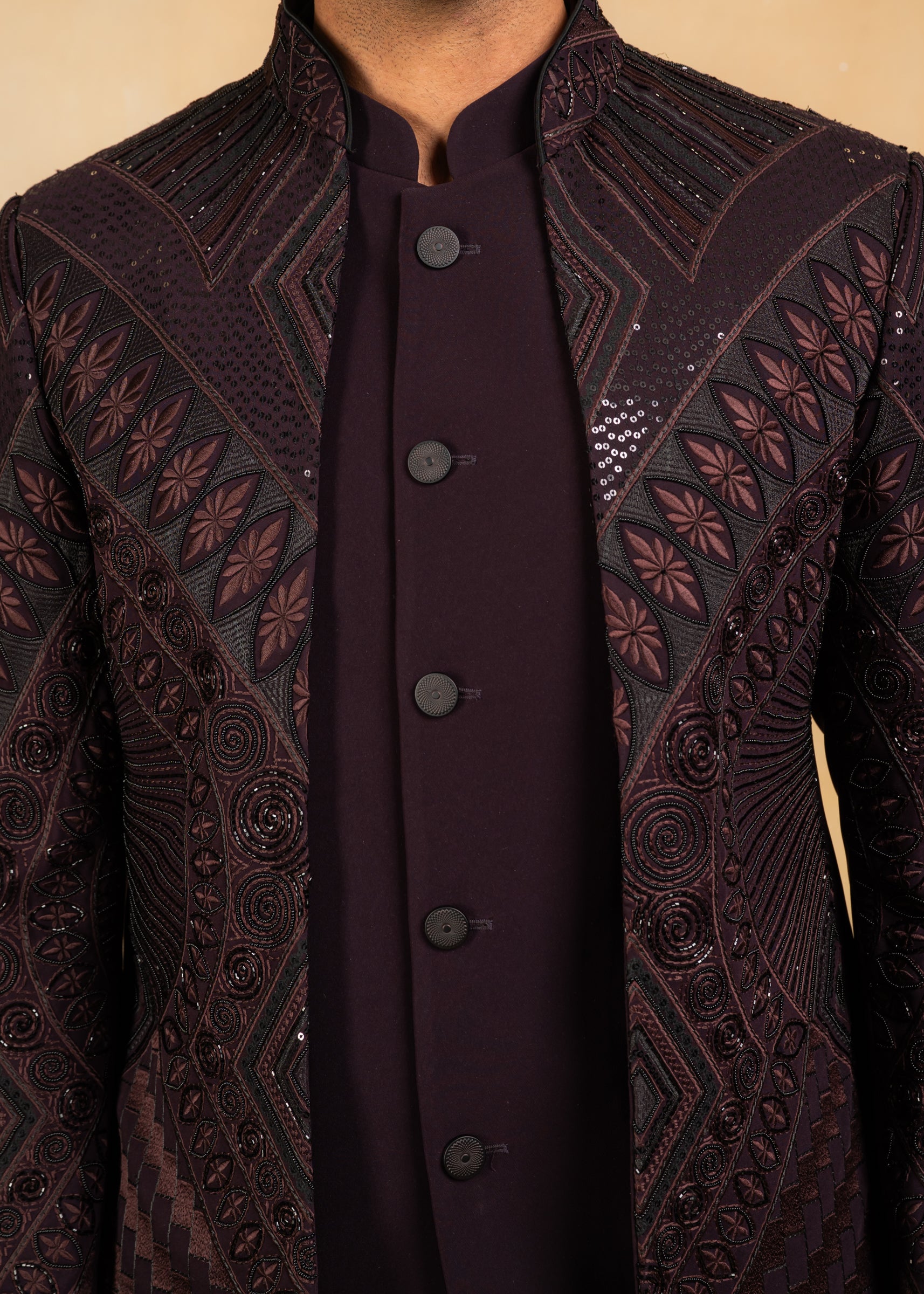 wine open bandhgala with hand embroidery