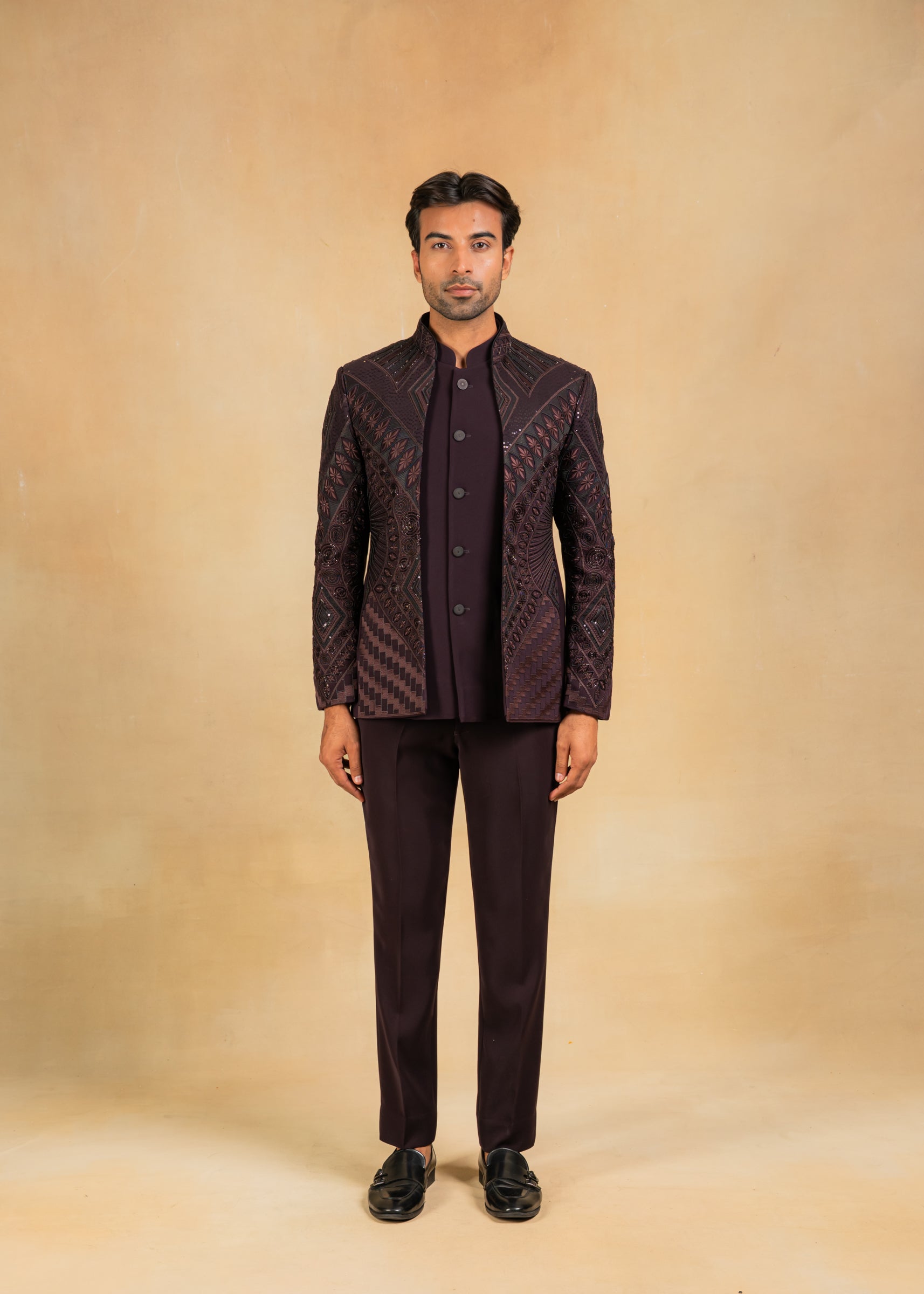 wine open bandhgala with hand embroidery