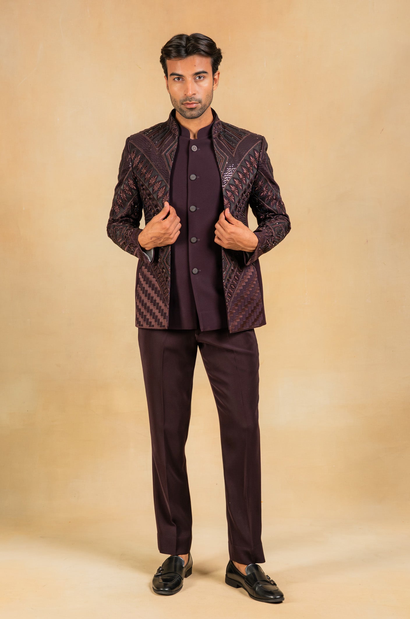 wine open bandhgala with hand embroidery