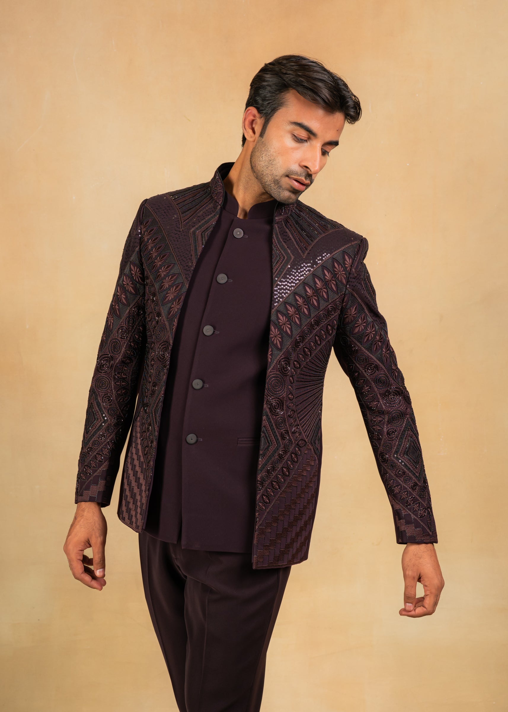 wine open bandhgala with hand embroidery