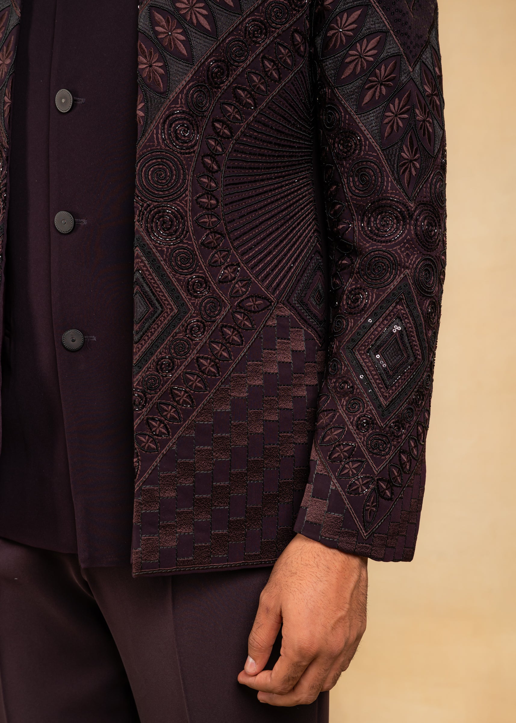 wine open bandhgala with hand embroidery