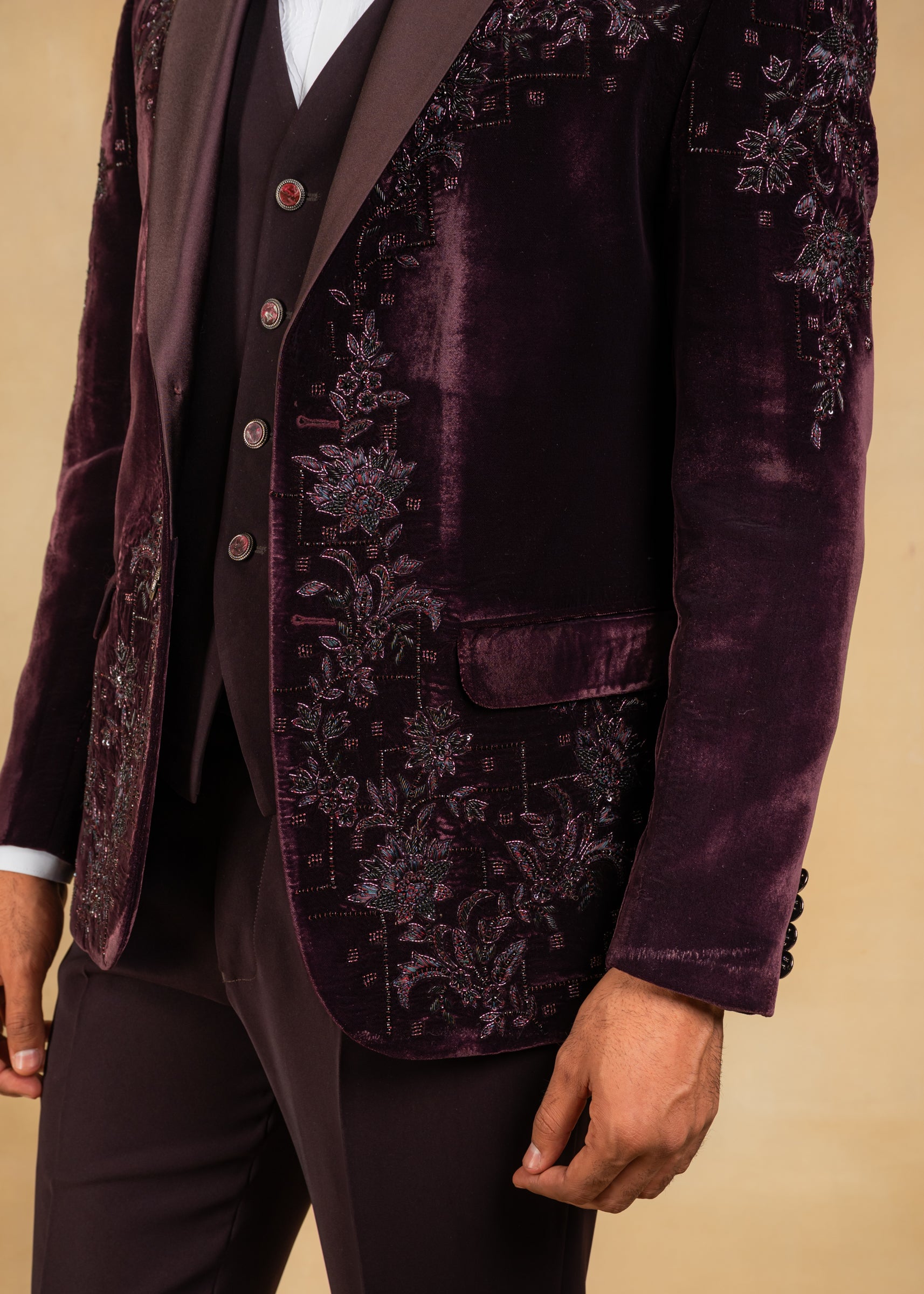 wine velvet hand embroidered tuxedo suit