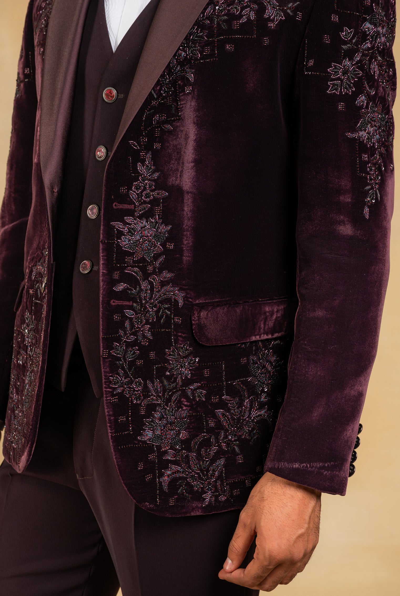 wine velvet hand embroidered tuxedo suit