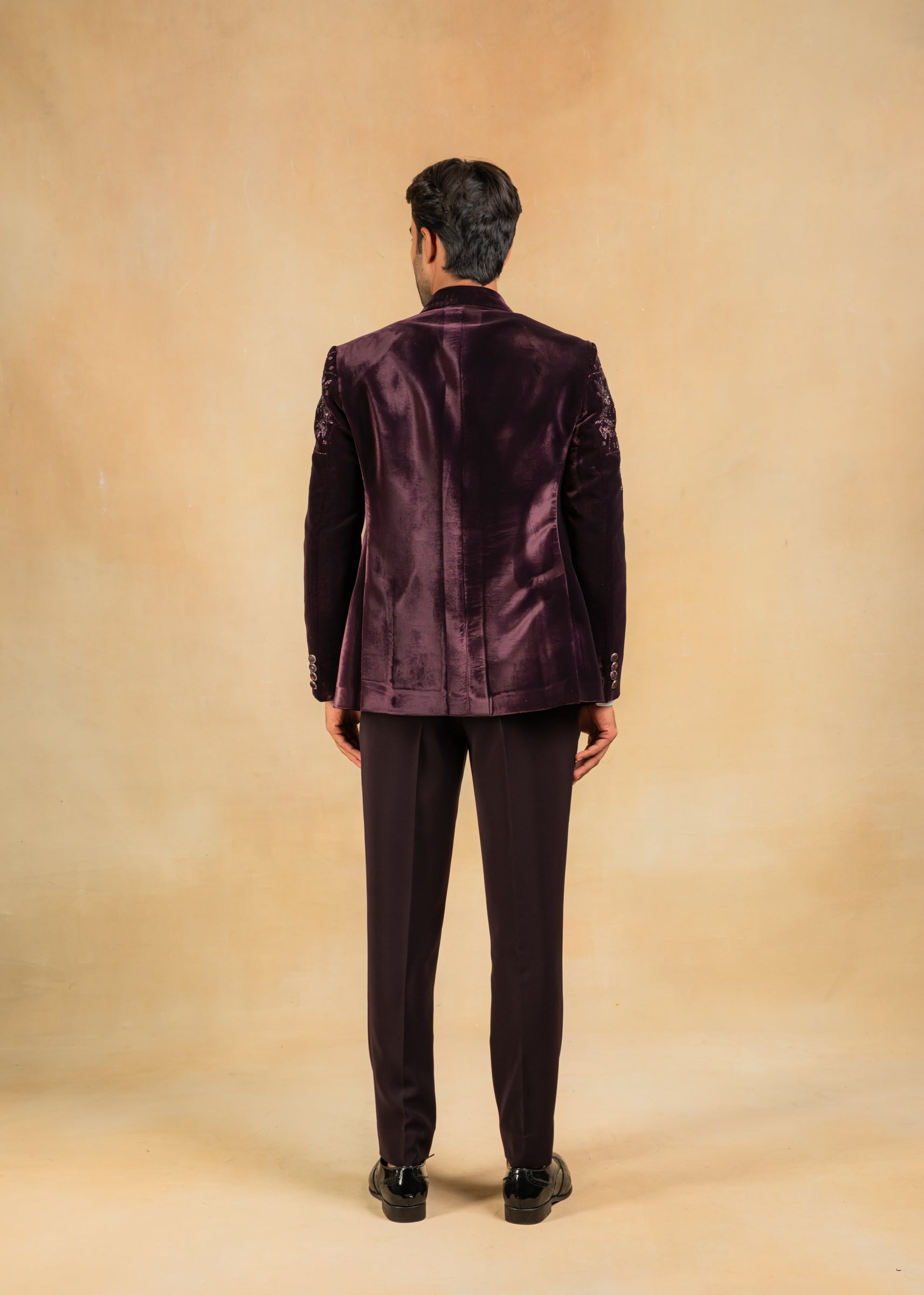 wine velvet hand embroidered tuxedo suit
