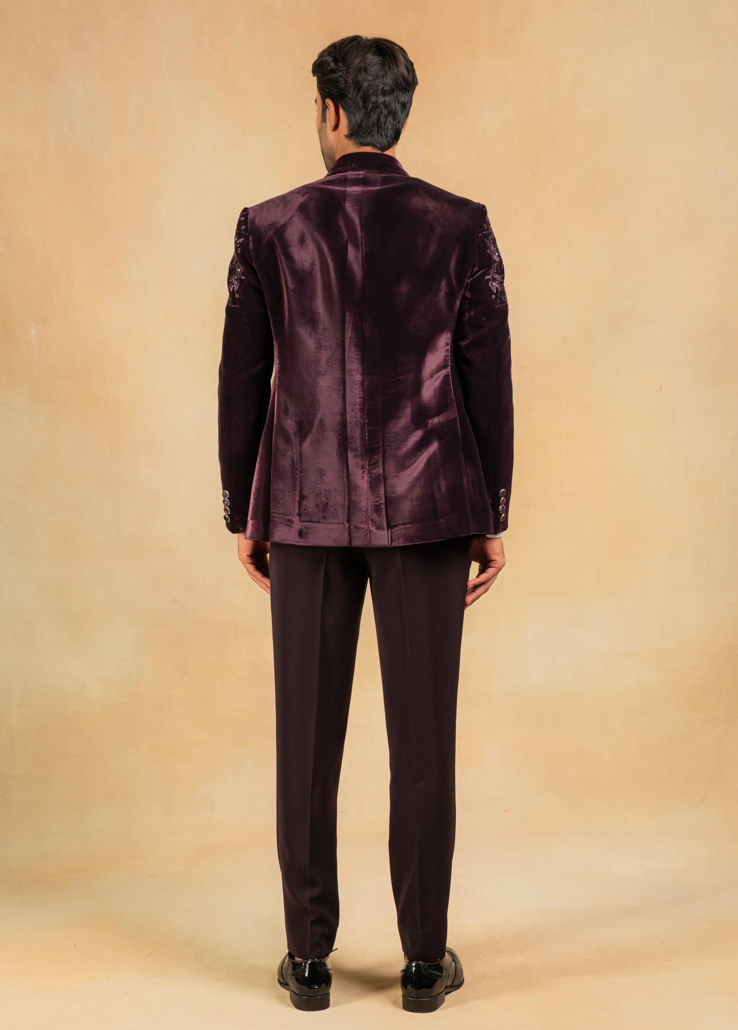 wine velvet hand embroidered tuxedo suit