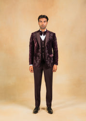 wine velvet hand embroidered tuxedo suit