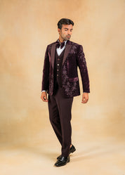 wine velvet hand embroidered tuxedo suit