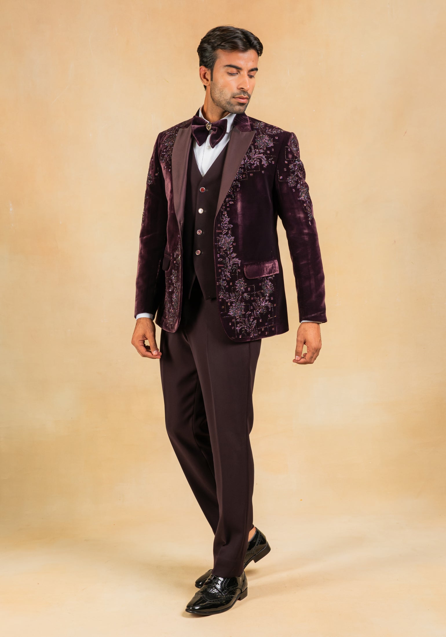 wine velvet hand embroidered tuxedo suit