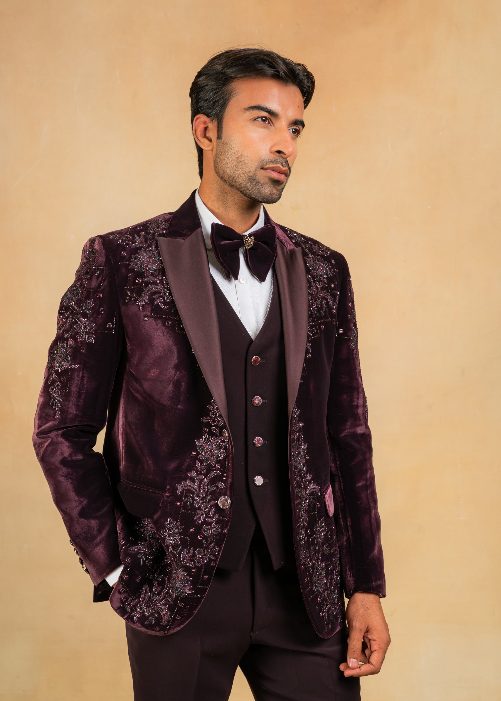 wine velvet hand embroidered tuxedo suit