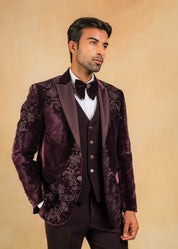 wine velvet hand embroidered tuxedo suit