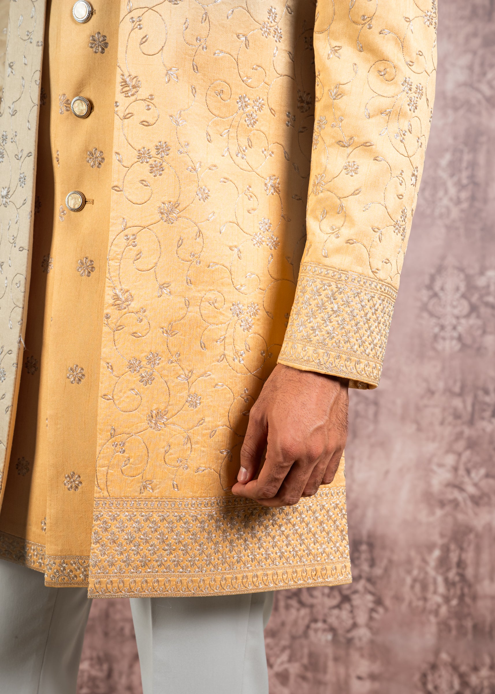 yellow embroidered open indowestern