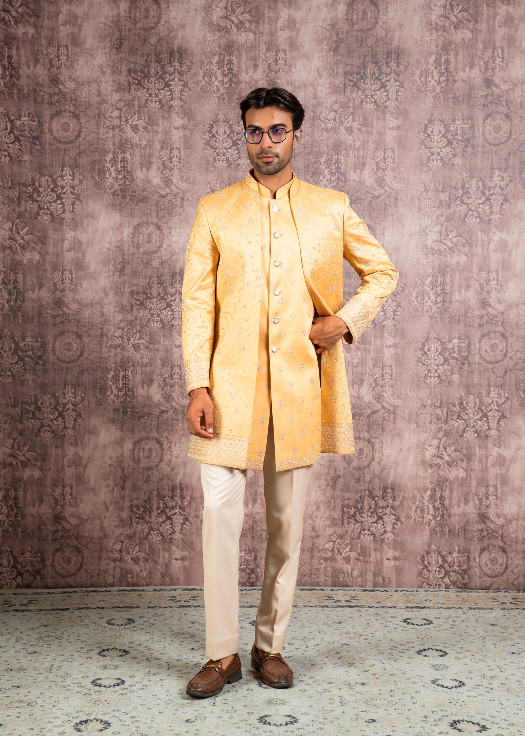 yellow embroidered open indowestern
